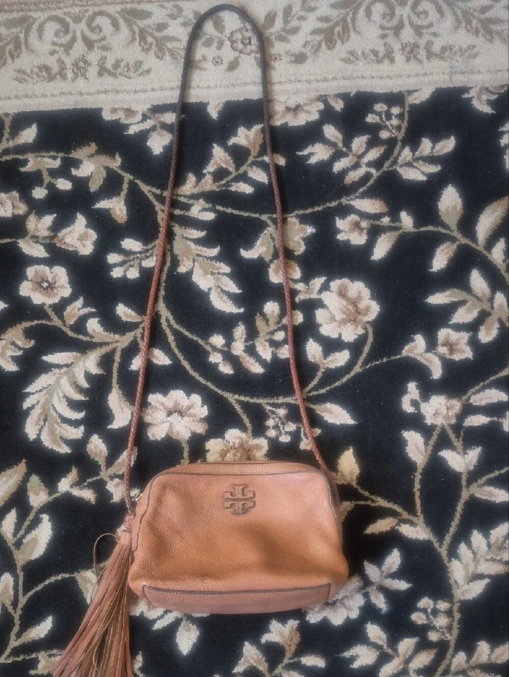 Tory Burch Cognac Pebbled Leather Crossbody with Tassel